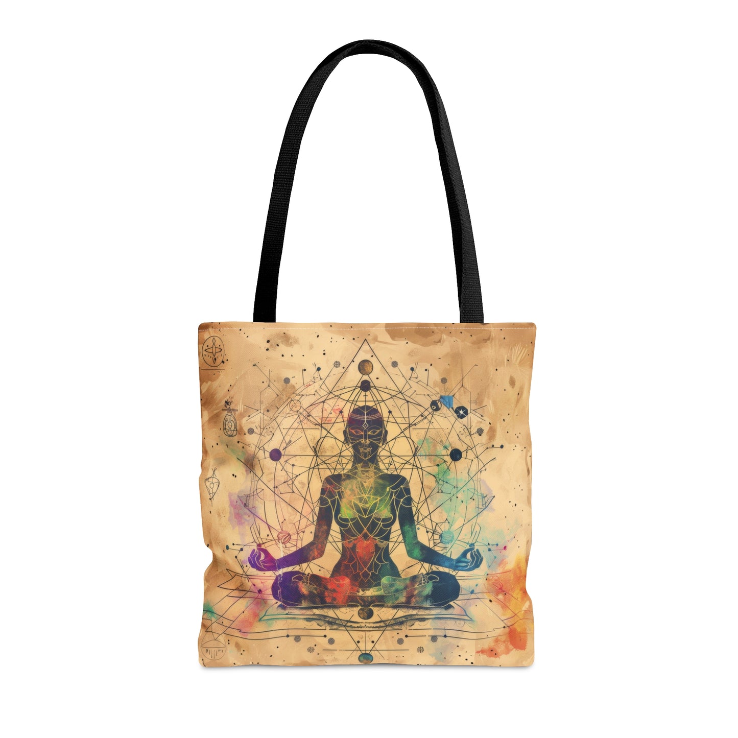 Cosmic Ether Goddess Polyester Tote Bag (Double Sided), Zen Nature Aesthetic, Sacred Geometry Style Fashion, 3 Sizes, Black Handles