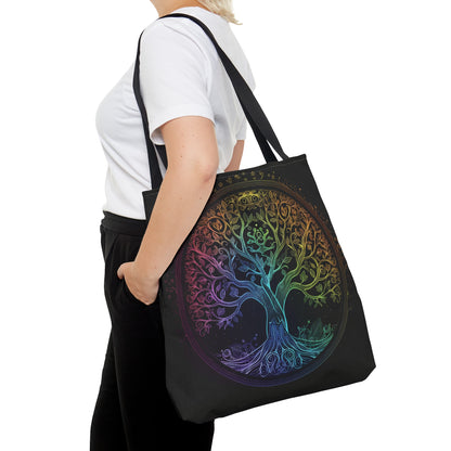 Mystic Arbor Double-Sided Tote Bag, Enchanted Tree of Life Motif, Magical Spectrum Design, Folklore Forest Decor, Radiant Nature Accessory