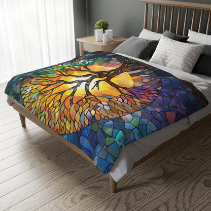 Tree of Life Stained Glass Double-Sided Throw Blanket, Vivid Nature Tapestry, Cozy Decorative Comfort for Home & Serene Retreat Spaces