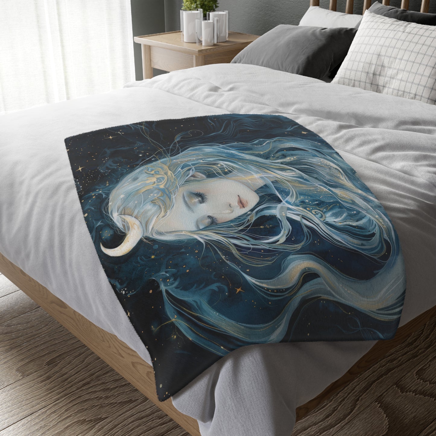 Selene's Moonlit Reverie Double-Sided Throw Blanket, Lunar Goddess Embrace, Celestial Elegance, Star-kissed Comfort