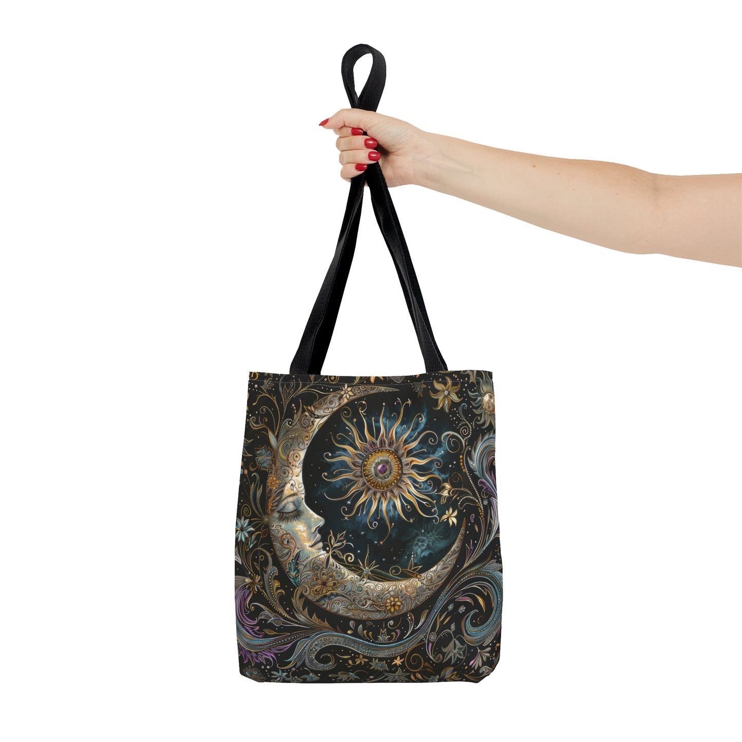 Crescent Moon & Sun Polyester Tote Bag (Double Sided), Art Nouveau and Mystical Folk Inspired, Available in 3 Sizes with Black Handles