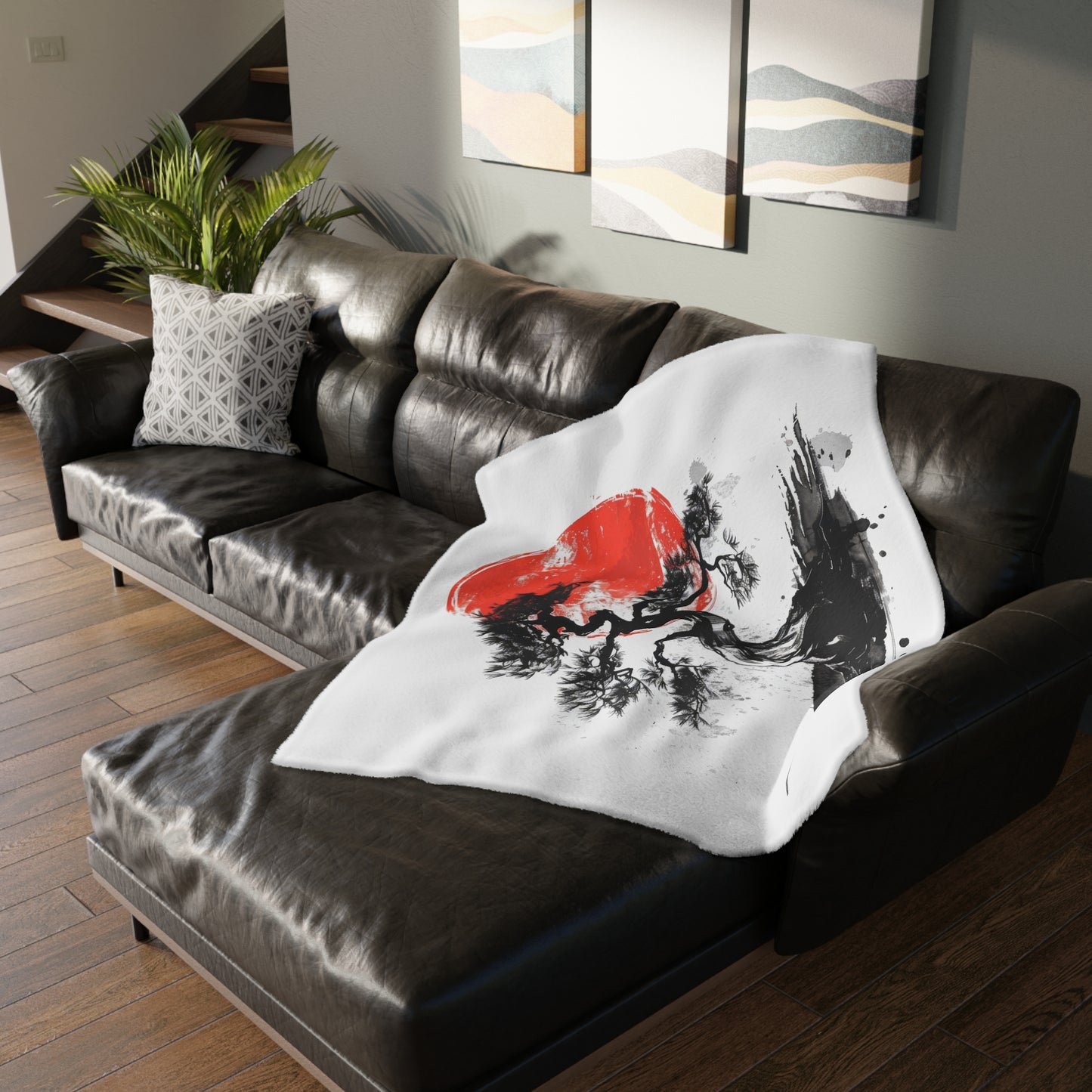 Traditional Chinese Bonsai & Red Sun 2-Sided Throw Blanket, Elegant Ink Wash Style Art, Serene Zen Decor for Home, Bedroom, Living Space, and Dorms