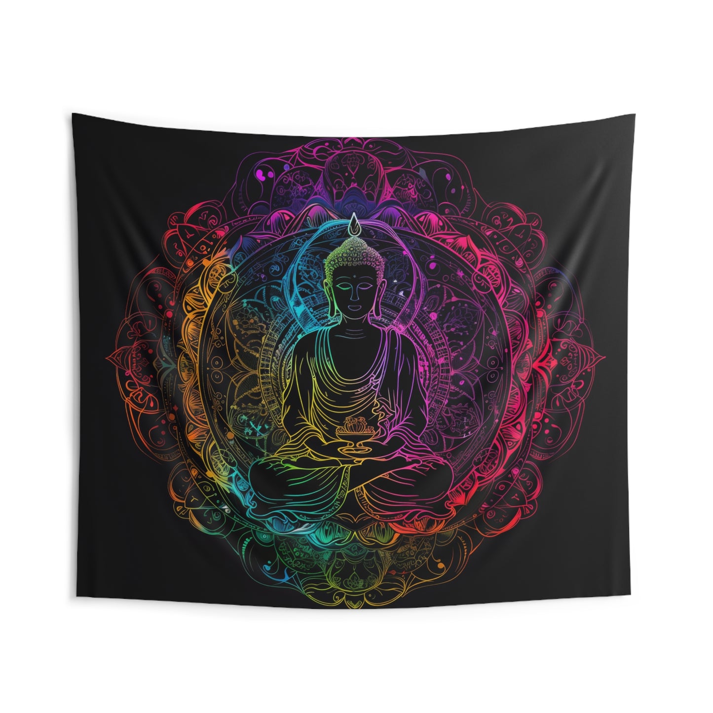 Buddha's Serene Mandala Indoor Wall Tapestry, Neon Enlightenment Motif, Spiritual Radiance, Zen Circle Design, Vibrant Meditation Wall Art