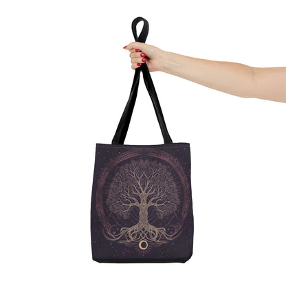 Mystic Purple Tree of Life Mandala Tote Bag – Dark Occult and Nature-Inspired Fashion, with Black Handles