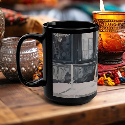 Persephone's Repose 15oz Black Ceramic Coffee Mug, Mythical Elegance, Refined Morning Rituals, Artful Tabletop Statement