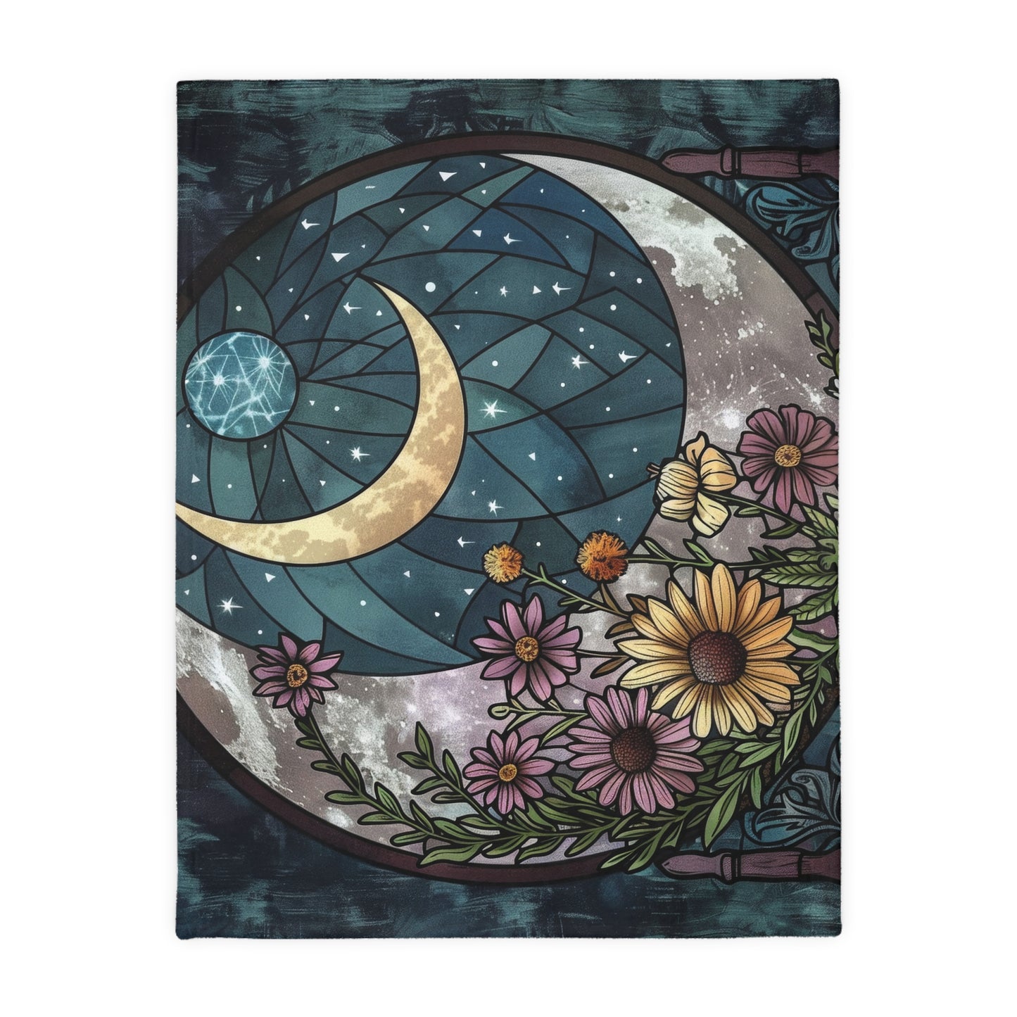 Nocturnal Blossom & Crescent Moon Stained Glass Double-Sided Throw Blanket, Starlit Floral Elegance, Soft Warmth for Evening Unwinding