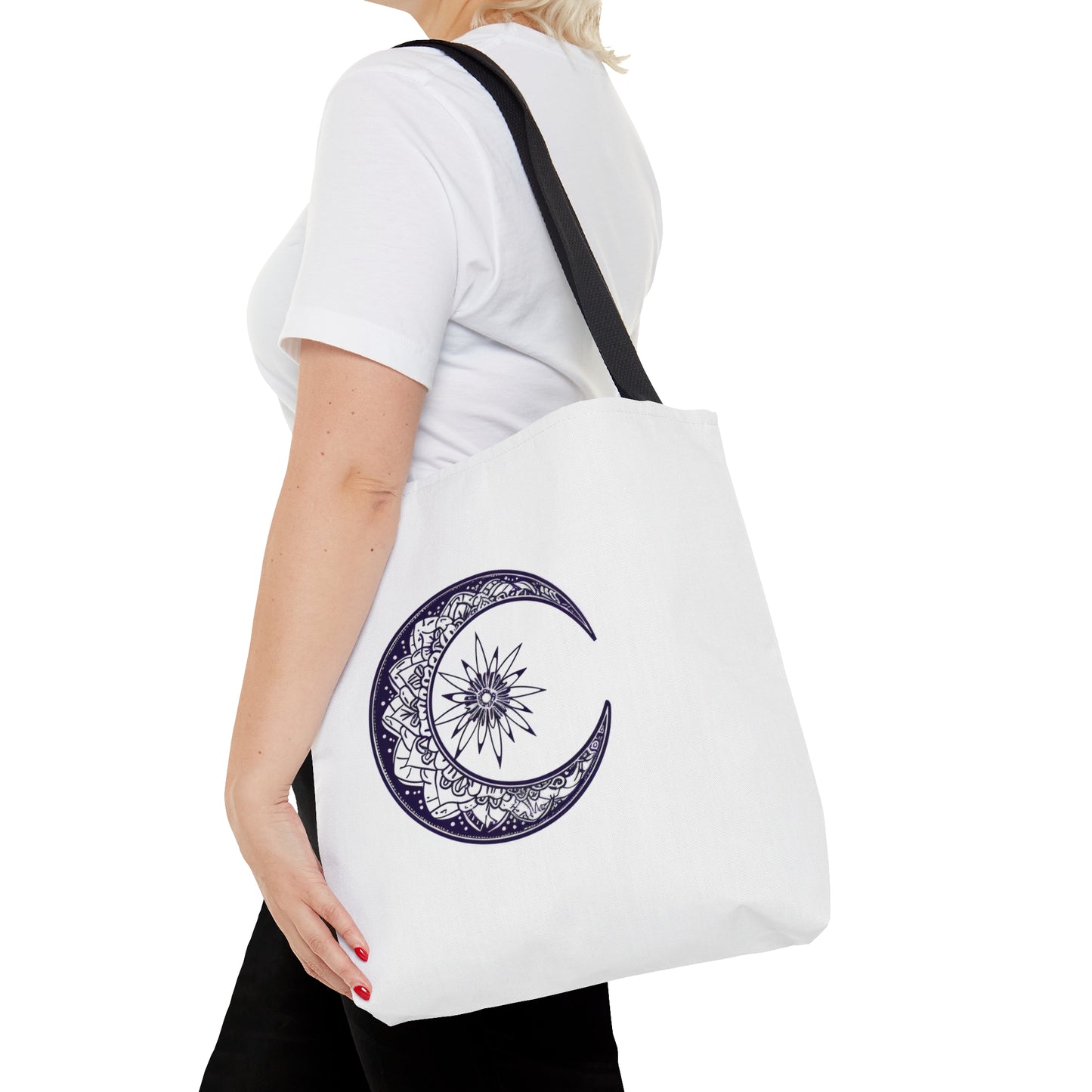 Mandala Crescent Moon Polyester Tote Bag (3 Sizes), Intricate Bohemian Design, Spiritual Zen Fashion Style, Black Handles, Celestial Aesthetic