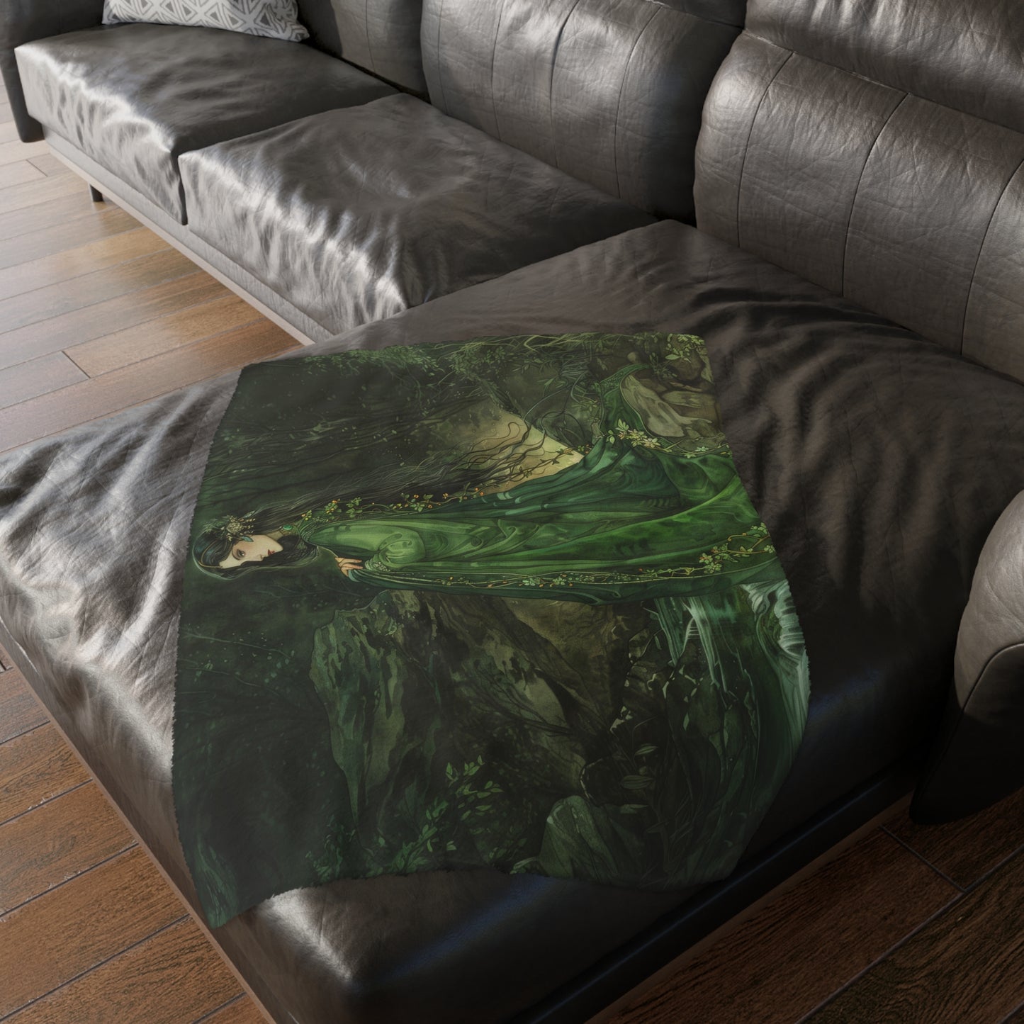 Danu's Enchanted Forest Double-Sided Throw Blanket, Celtic Mother Goddess Realm, Verdant Serenity, Luxurious Comfort