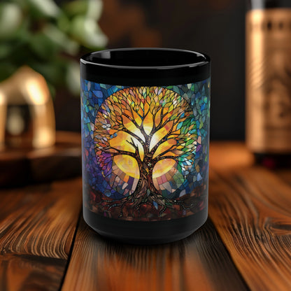 Tree of Life Enchantment 15oz Ceramic Mug, Stained Glass Inspiration, Morning Coffee Elegance, Soulful Sip of Nature's Serenity