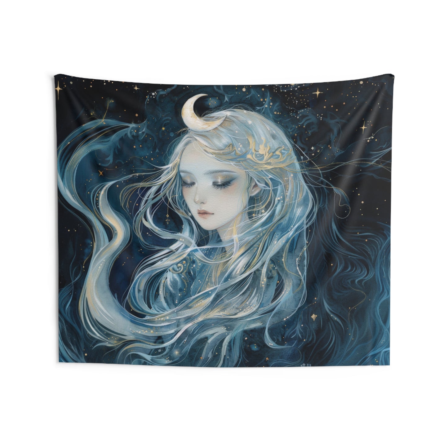 Selene's Moonlit Reverie Wall Tapestry, Goddess of the Moon Portrait, Celestial Night Elegance, Enigmatic Cosmic Decor Piece