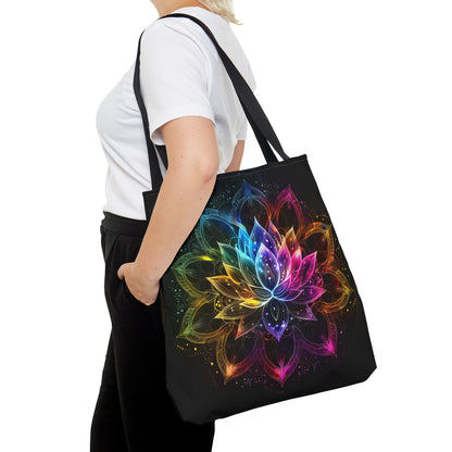 Luminous Lotus Double-Sided Tote Bag, Vibrant Energy Motif, Radiant Floral Mandala, Cosmic Bloom Design, Ethereal Color Spectrum Accessory