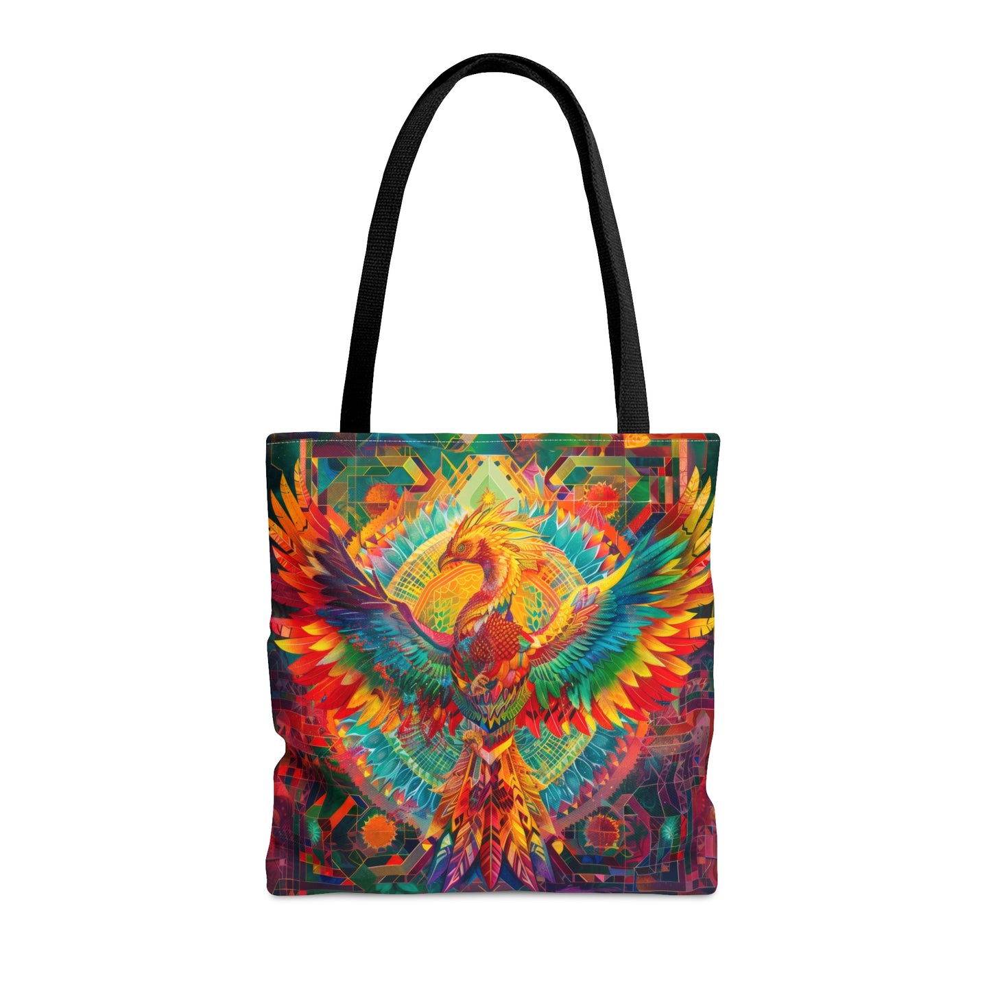 Psychedelic Rainbow Phoenix Double Sided Tote Bag, Street Art Aesthetic, Vibrant Colorful Fashion Style, 3 Sizes, Black Handles