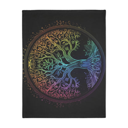 Mystic Arbor Double-Sided Throw Blanket, Enchanted Tree of Life Motif, Magical Spectrum Design, Folklore Forest Decor, Radiant Nature Art