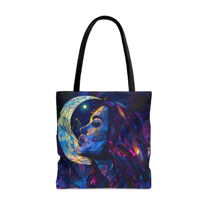 Celestial Lunar Goddess Stained Glass Tote Bag, Ethereal Night Sky Design, Artistic Carryall with Black Handles for Daily Use & Inspiration