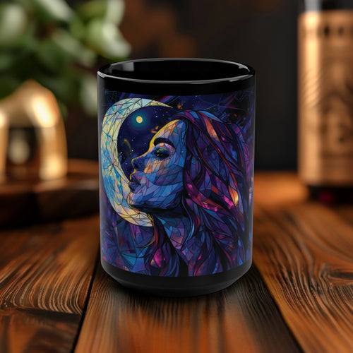 Celestial Lunar Goddess 15oz Ceramic Coffee Mug, Stained Glass Artistry, Cosmic Reflections for Inspired Daily Coffee Rituals & Zen Moments