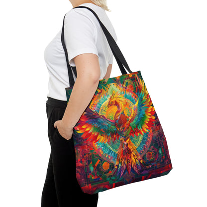 Psychedelic Rainbow Phoenix Double Sided Tote Bag, Street Art Aesthetic, Vibrant Colorful Fashion Style, 3 Sizes, Black Handles