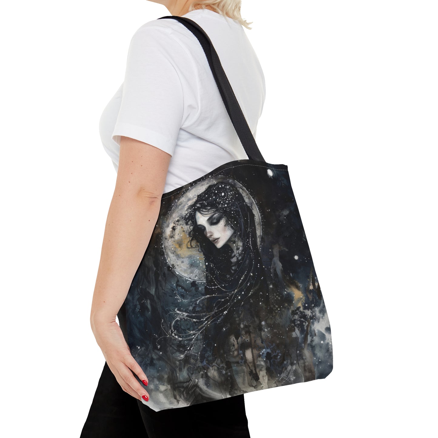 Nyx’s Nocturne Tote Bag, Dual-Sided Greek Goddess Design, Starry Night Elegance, Mystical Fashion Statement