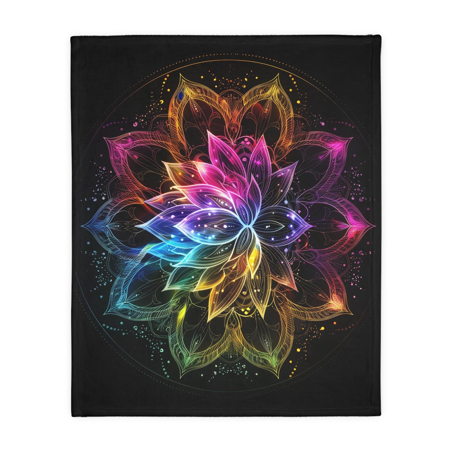 Luminous Lotus Double-Sided Throw Blanket, Vibrant Energy Motif, Radiant Floral Mandala, Cosmic Bloom Design, Ethereal Color Spectrum Art