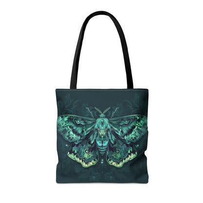 Lunar Moth Polyester Tote Bag (Double Sided), Emerald Inspired Design, Green Neon Style Fashion, 3 Sizes, Black Handles