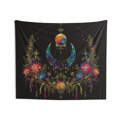 Celestial Garden Indoor Wall Tapestry, Cosmic Bloom Aesthetic, Moonlit Floral Symphony, Starlit Wilderness Design, Galactic Botanical Wall Art