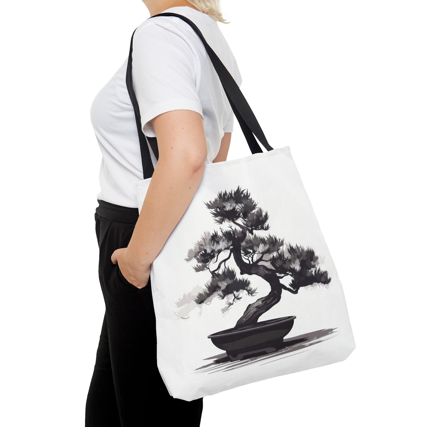 Chinese Ink Style Bonsai Tree Double Sided Tote Bag, Simple Minimalist Aesthetic, Zen Nature Fashion Style, Black Handles, 3 Sizes