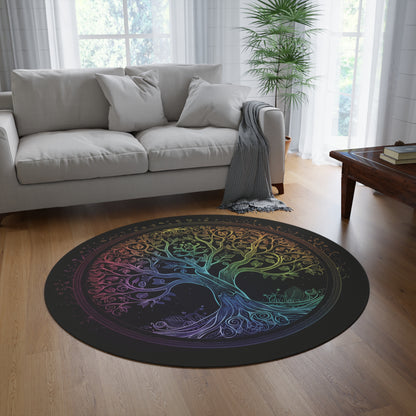 Mystic Arbor Round Chenille Area Rug, Enchanted Tree of Life Motif, Magical Spectrum Design, Folklore Forest Decor, Radiant Nature Art