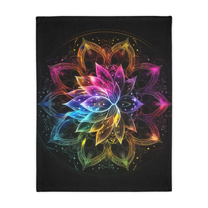 Luminous Lotus Double-Sided Throw Blanket, Vibrant Energy Motif, Radiant Floral Mandala, Cosmic Bloom Design, Ethereal Color Spectrum Art