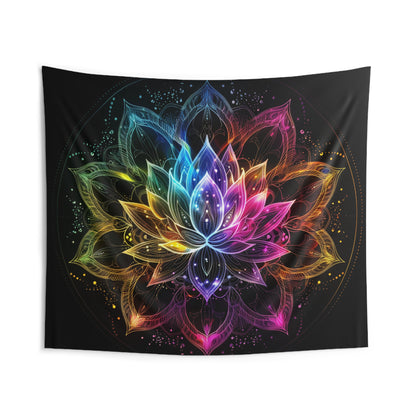 Luminous Lotus Indoor Wall Tapestry, Vibrant Energy Motif, Radiant Floral Mandala, Cosmic Bloom Design, Ethereal Color Spectrum Wall Art