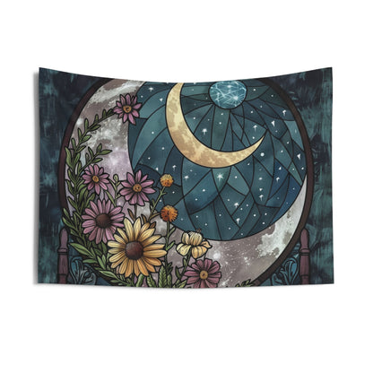 Enchanted Night Blooms & Crescent Moon Wall Tapestry, Stained Glass Style Floral Art, Mystic Decor for Peaceful & Dreamy Spaces