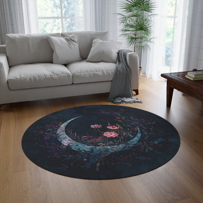 Crescent Moon & Wildflower Mandala Chenille Round Area Rug, Dark Occult Aesthetic, Lunar Lover Bedroom, Living Room and Meditation Space