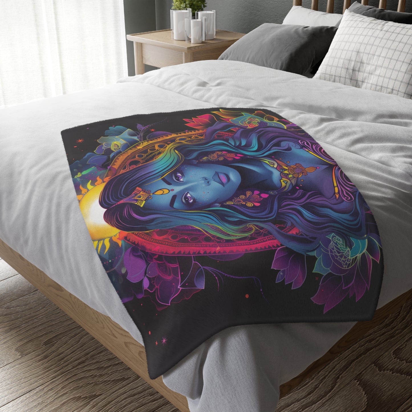 Cosmic Goddess Double Sided Throw Blanket, Electric Mandala Design, Neon Aesthetic, Mystical Magical Bedroom, Living, and Dorm Room Decor