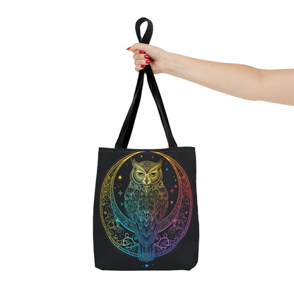 Lunar Sentinel Owl Double-Sided Tote Bag, Moonlit Avian Emblem, Cosmic Wisdom Design, Starry Night and Lunar Motif, Mystical Moonlit Accessory