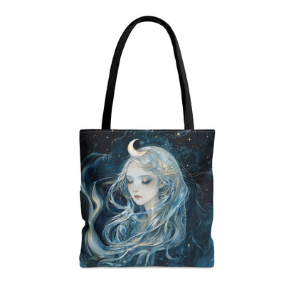 Selene's Moonlit Reverie Tote Bag, Dual-Sided Moon Goddess Design, Celestial Elegance, Ethereal Fashion Accessory