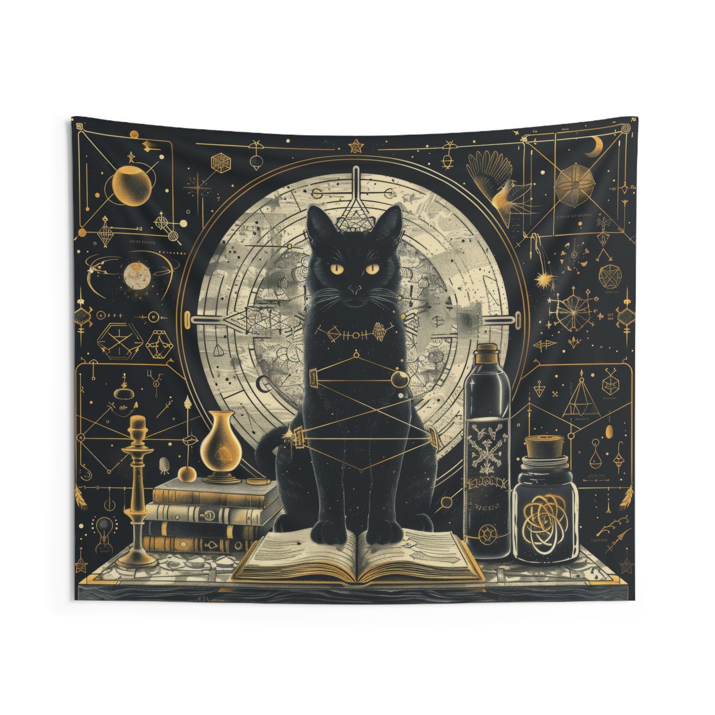 Mystical Black Cat & Magic Tomes Wall Tapestry, Enigmatic Occult Design with Geometric Patterns, Charming Decor for Bedrooms, Living Areas, and College Rooms