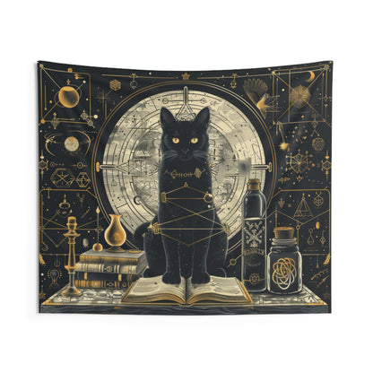 Mystical Black Cat & Magic Tomes Wall Tapestry, Enigmatic Occult Design with Geometric Patterns, Charming Decor for Bedrooms, Living Areas, and College Rooms