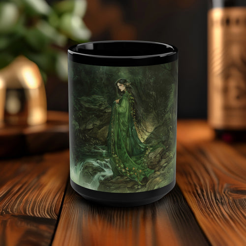 Danu's Enchanted Forest 15oz Black Ceramic Mug, Celtic Mother Goddess Essence, Verdant Woodland Serenity Sip