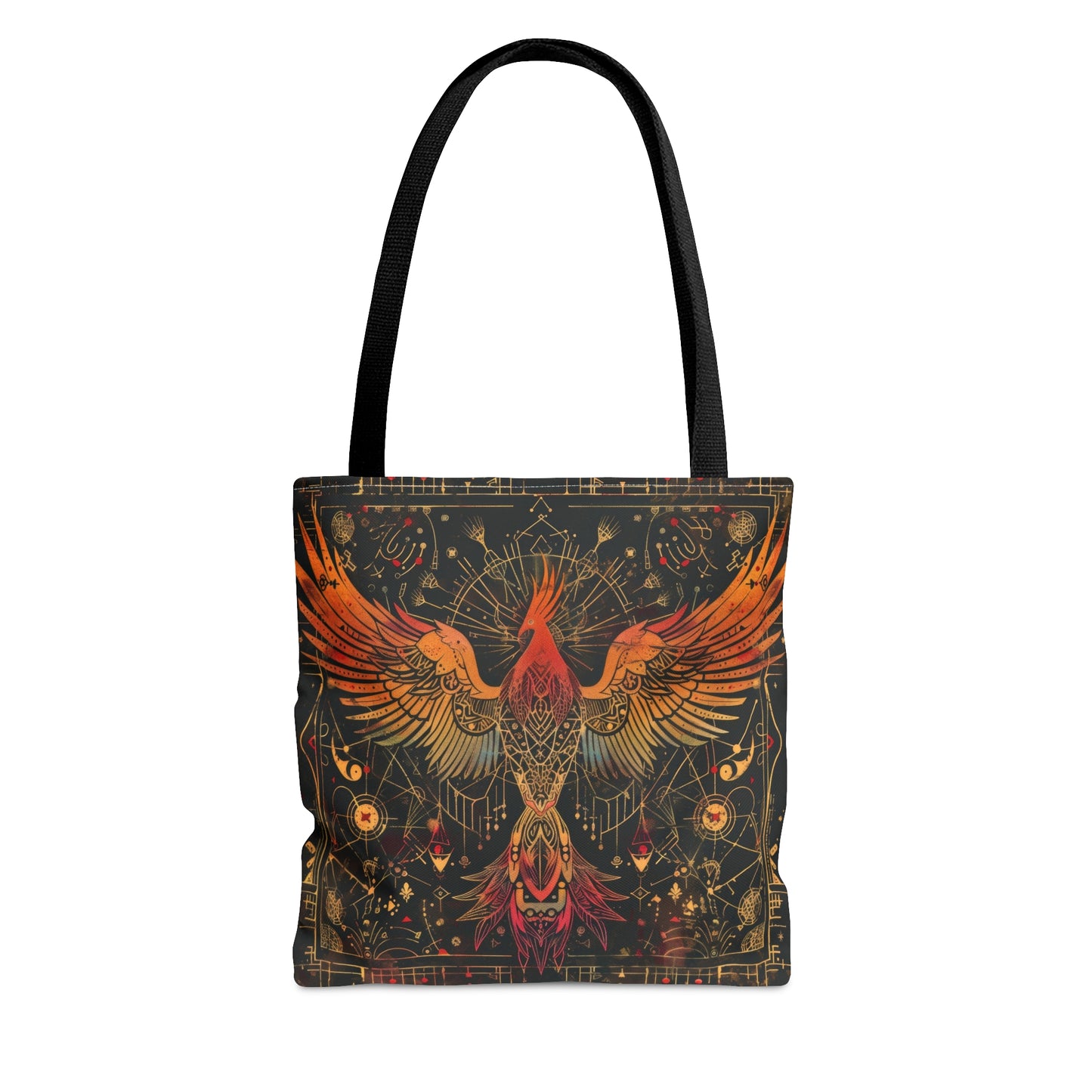 Rising Phoenix Polyester Tote Bag (Double Sided), Dark Occult and Sacred Geometry Inspired, Available in 3 Sizes with Black Handles