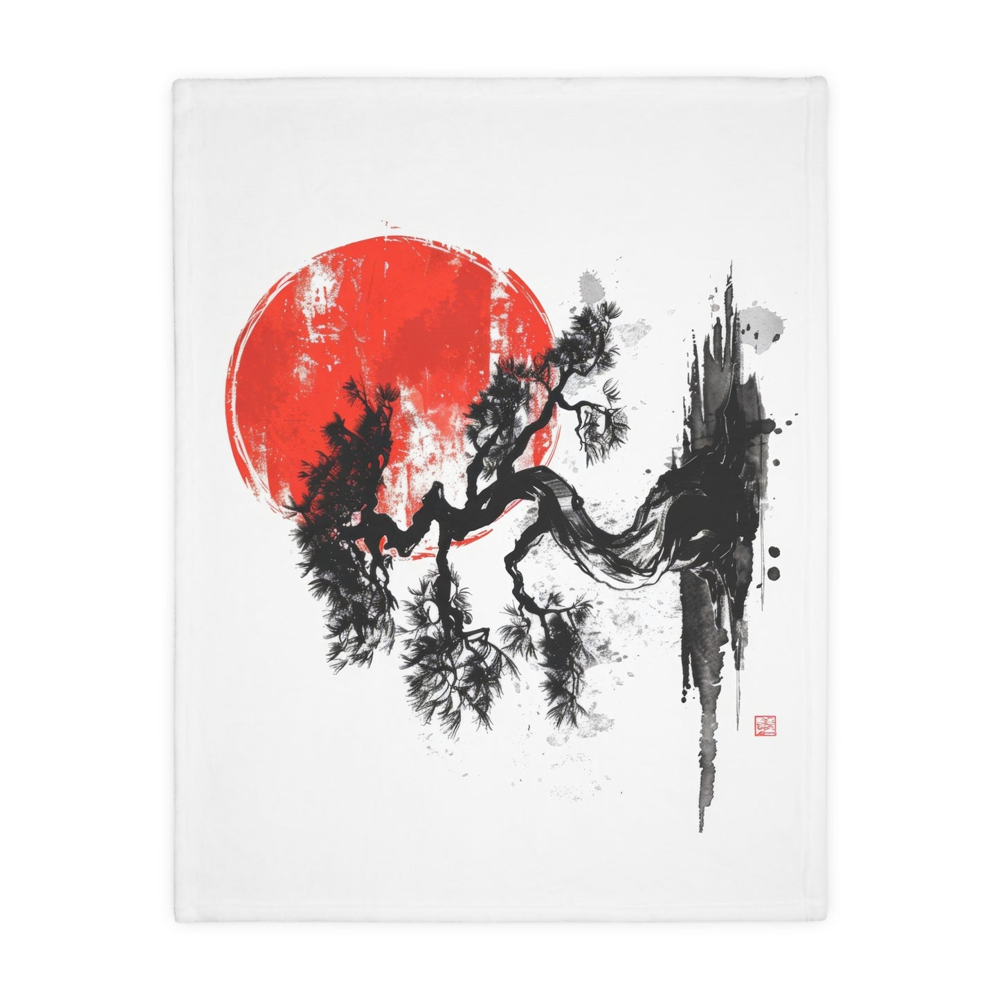 Traditional Chinese Bonsai & Red Sun 2-Sided Throw Blanket, Elegant Ink Wash Style Art, Serene Zen Decor for Home, Bedroom, Living Space, and Dorms