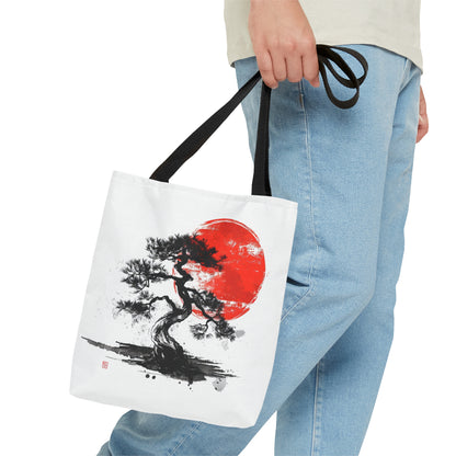 Traditional Chinese Bonsai & Red Sun Tote Bag (3 Sizes), Elegant Ink Wash Style Art, Serene Zen Fashion Style, Black Handles, Minimalist Aesthetic