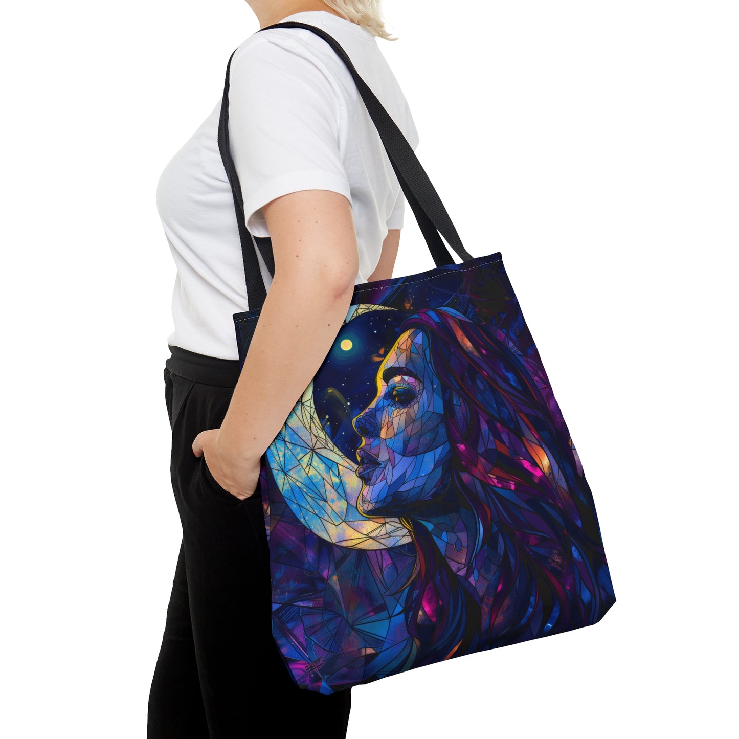 Celestial Lunar Goddess Stained Glass Tote Bag, Ethereal Night Sky Design, Artistic Carryall with Black Handles for Daily Use & Inspiration