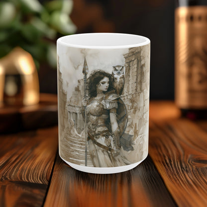 Athena's Wisdom 15oz White Ceramic Mug, Greek Warrior Goddess Art, Owl & Armor, Inspirational Beverage Experience