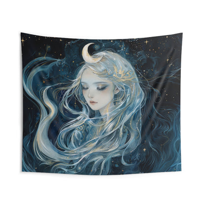 Selene's Moonlit Reverie Wall Tapestry, Goddess of the Moon Portrait, Celestial Night Elegance, Enigmatic Cosmic Decor Piece