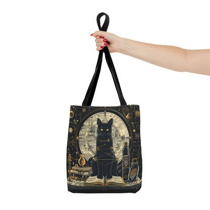 Black Cat & Spell Books Polyester Tote Bag (Double Sided), Dark Occult and Geometry Fashion, Polyester Material with Black Handles in 3 Sizes