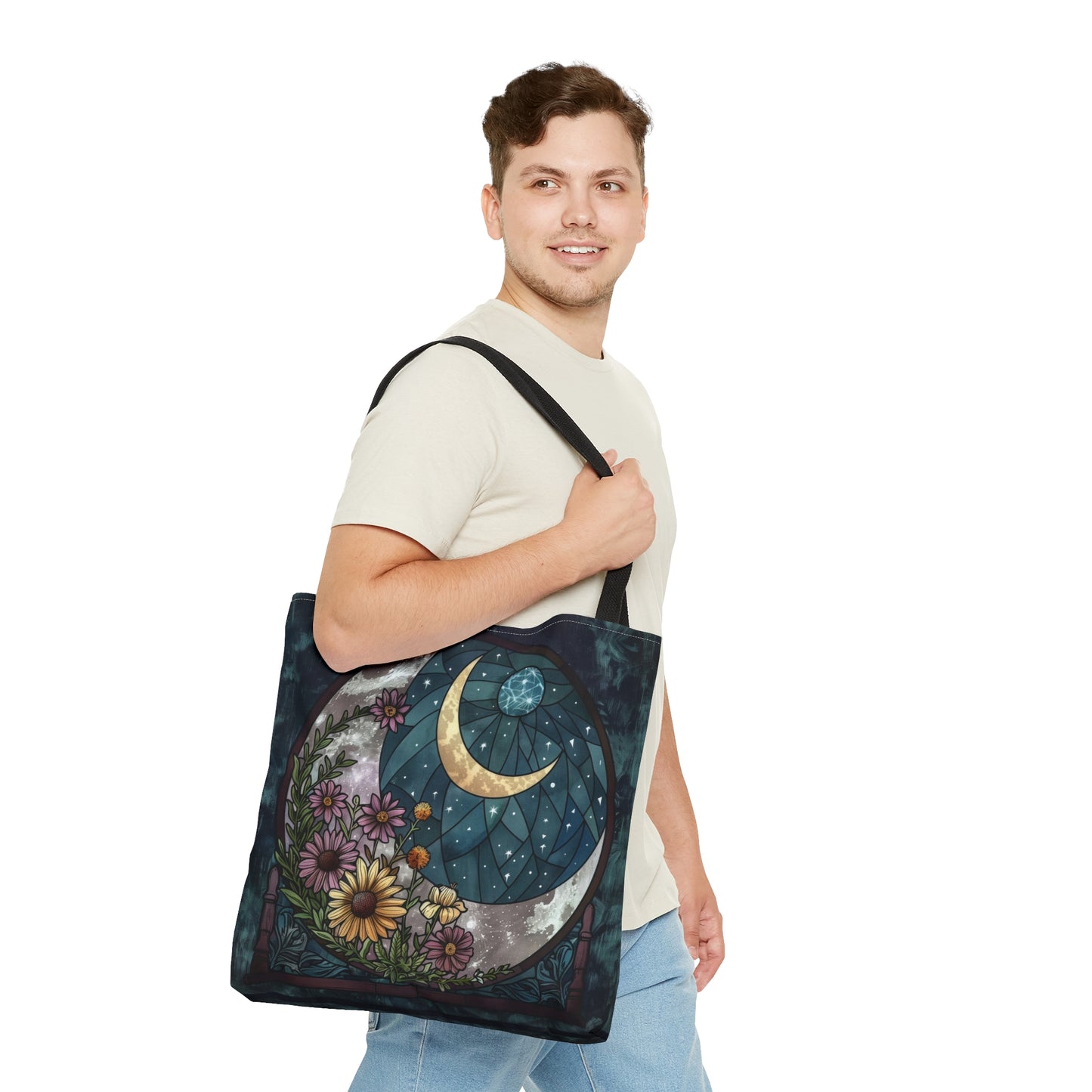 Midnight Bloom & Crescent Moon Stained Glass Tote Bag, Botanical Night Design, Stylish Carryall with Black Handles for Chic Adventures