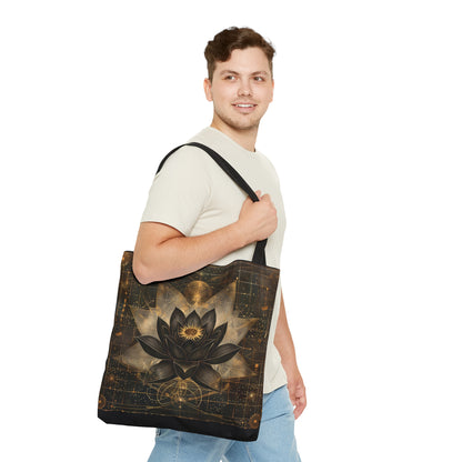 Black Lotus Blossom Polyester Tote Bag (Double Sided), Dark Occult and Sacred Geometry Inspired, Polyester with Black Handles in 3 Sizes