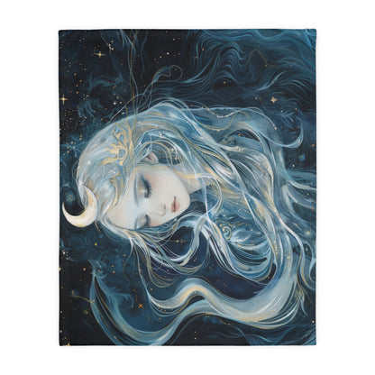 Selene's Moonlit Reverie Double-Sided Throw Blanket, Lunar Goddess Embrace, Celestial Elegance, Star-kissed Comfort