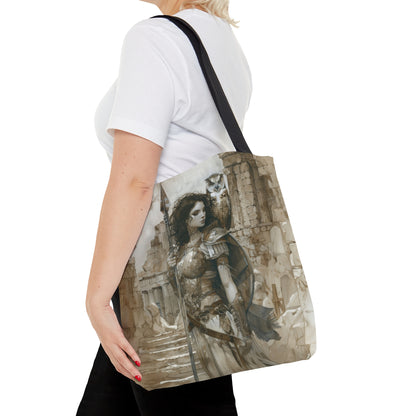 Athena's Wisdom Tote Bag, Dual-Sided Greek Warrior Goddess, Owl Sentinel, Mythic Elegance, Versatile Fashion Accessory