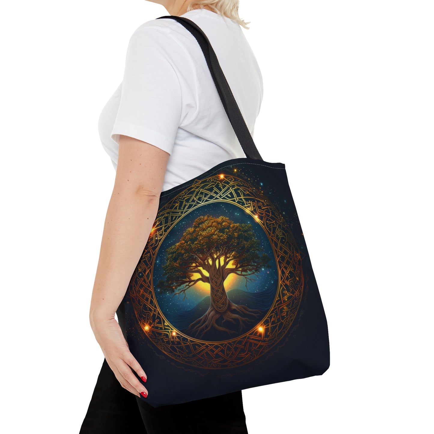 Celtic Tree of Life Mandala Double Sided Tote Bag, Ancient Occult Aesthetic, Folk Nature Fashion Style, 3 Sizes, Black Handles