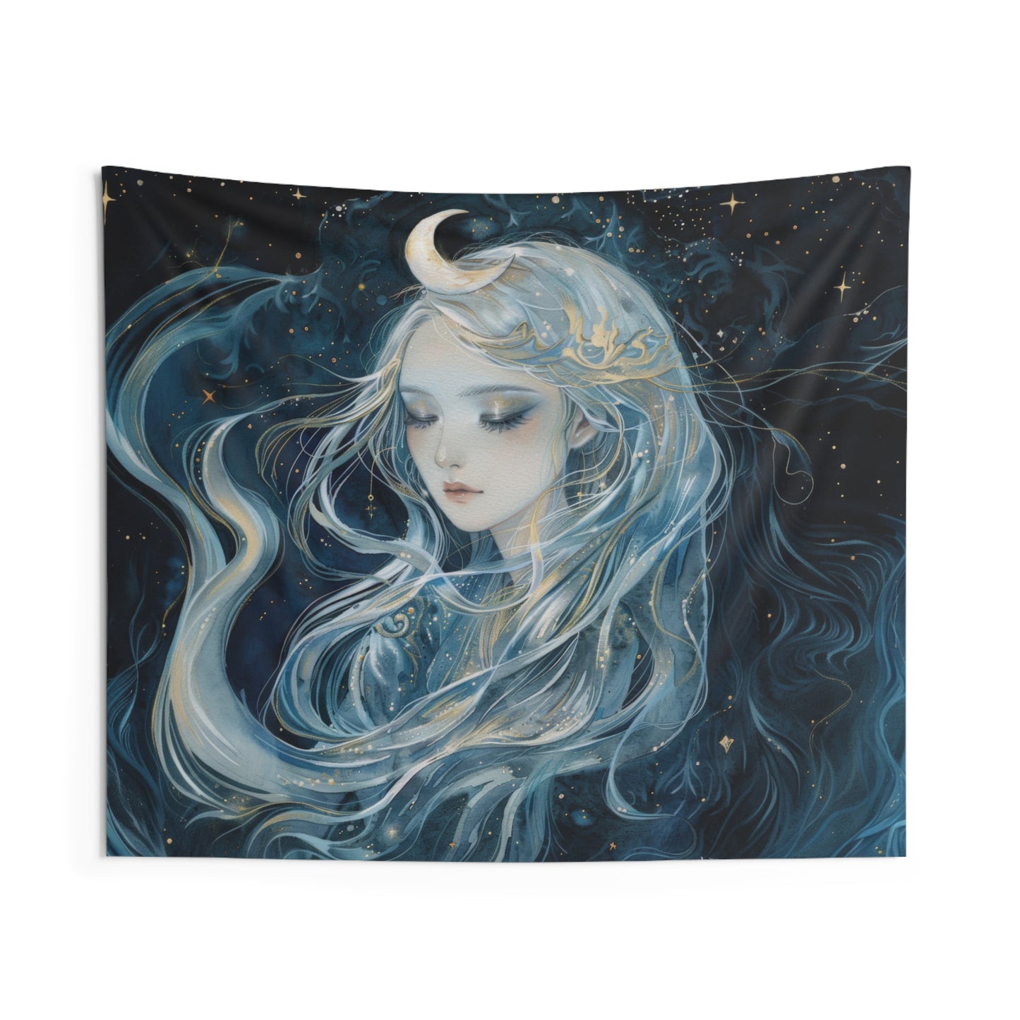 Selene's Moonlit Reverie Wall Tapestry, Goddess of the Moon Portrait, Celestial Night Elegance, Enigmatic Cosmic Decor Piece