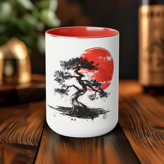 Red Rising Sun Bonsai 15oz Mug, Traditional Chinese Art with Red Accents, Inspiring Tea and Coffee Cup for Home and Office